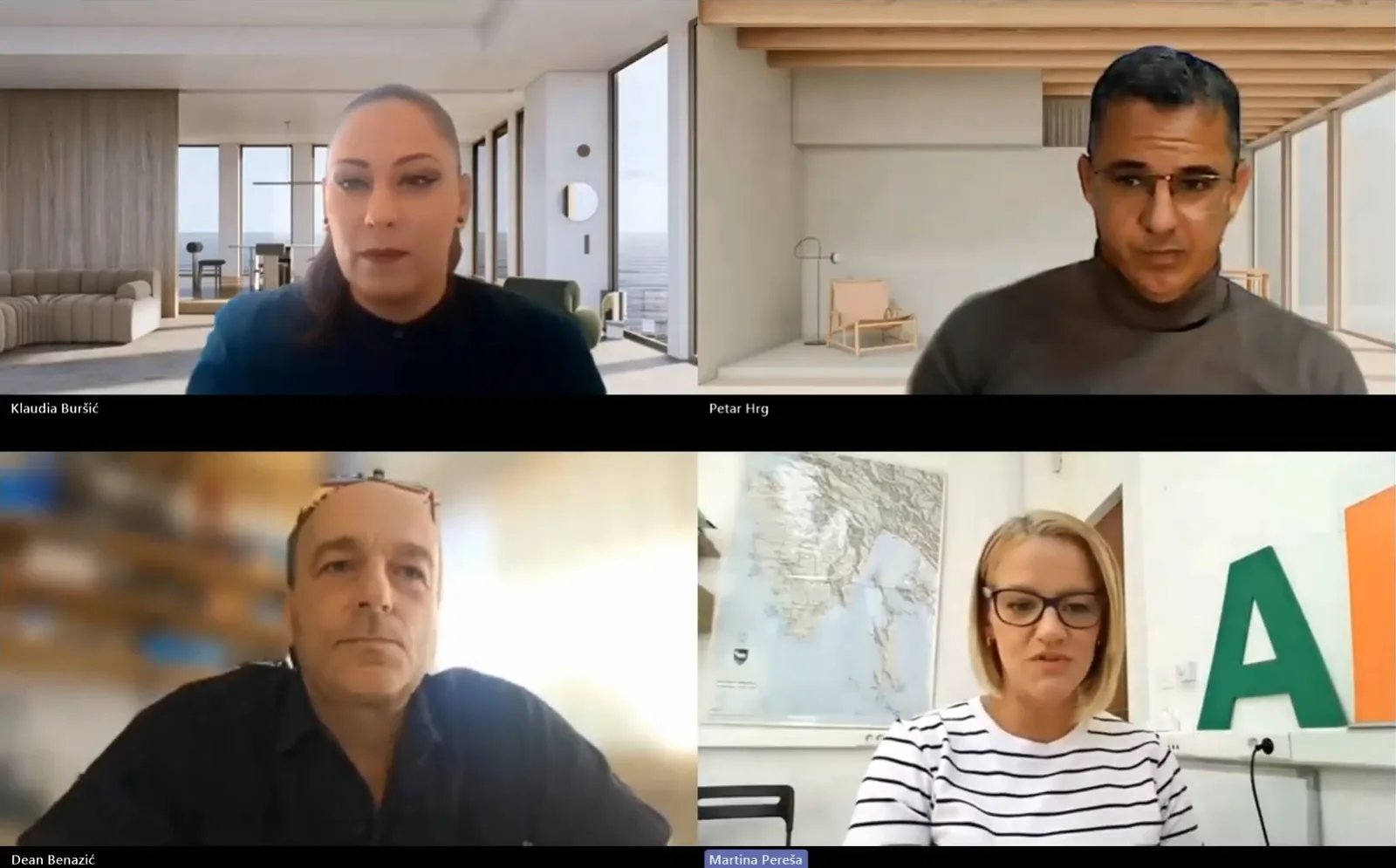 Govornici webinara „AI za turističke zajednice: od informacije do doživljaja“ — Klaudia Buršić, Petar Hrg, Dean Benazić i moderatorica Martina Pereša