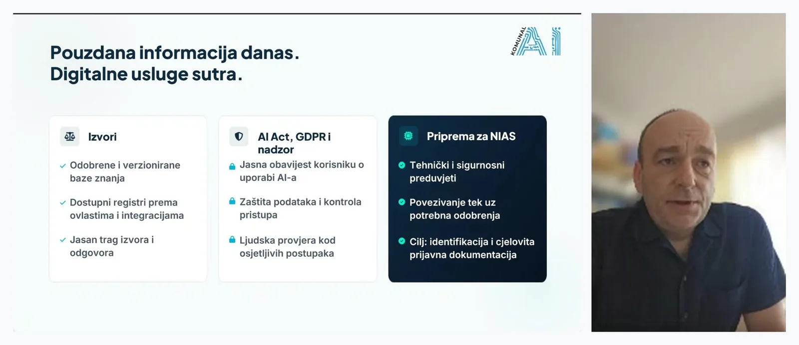 Sa webinara „AI u službi građana i lokalne uprave“ — slajd o pouzdanosti izvora, AI Actu, GDPR-u i pripremi za NIAS