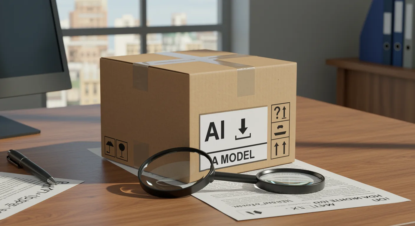 Kartonska kutija s oznakom „AI MODEL" i znakom za preuzimanje, povećalo ispred nje na uredskom stolu — metafora provjere artefakta nepoznatog porijekla prije nego uđe u sustav